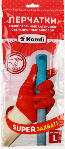 Перчатки латексные хозяйственные сверхпрочные Komfi «Биколор» размер L, бело-красные