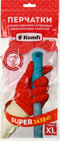 Перчатки латексные хозяйственные сверхпрочные Komfi «Биколор» размер XL, бело-красные