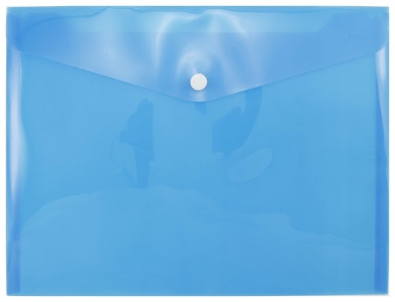 Папка-конверт пластиковая на кнопке inФормат А5+ 280×210 мм, толщина пластика 0,18 мм, прозрачная синяя