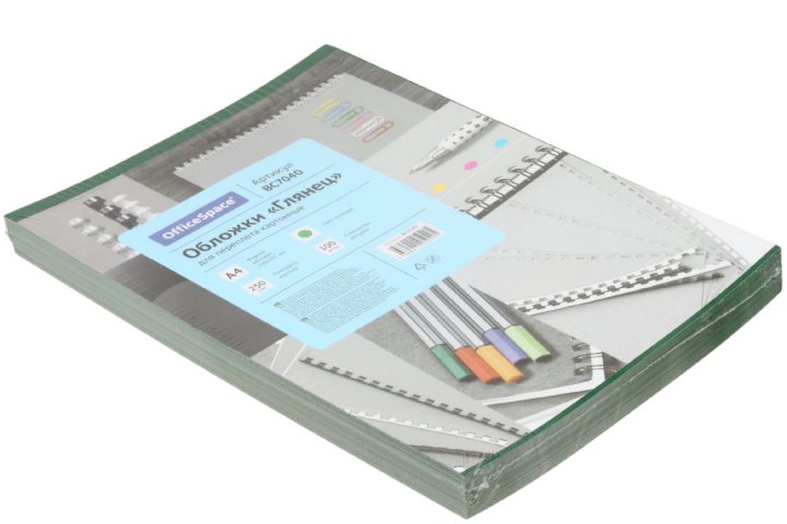 Обложки для переплета картонные глянцевые OfficeSpace А4, 100 шт., 250 г/м², глянцевые зеленые