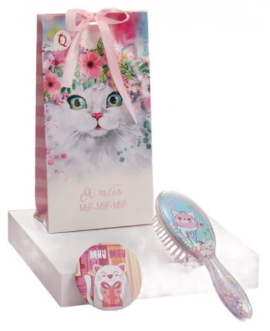Набор детский подарочный косметический «Кошечка» 2 предмета (зеркало и расческа), ассорти (цена за 1 набор)