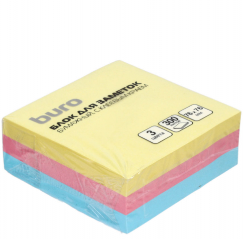 Бумага для заметок с липким краем Buro 76×76 мм, 1 блок×300 л., 3 цвета, пастель