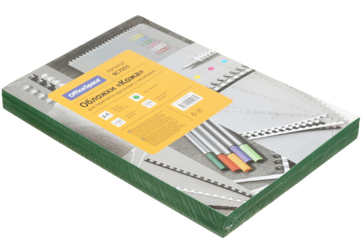 Обложки для переплета картонные OfficeSpace А4, 100 шт., 230 г/м², зеленые, тиснение «под кожу»