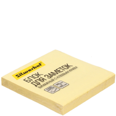 Бумага для заметок с липким краем Silwerhof 76×76 мм, 1 блок×100 л., пастель желтая