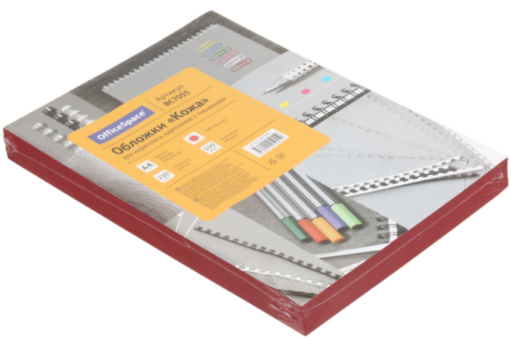 Обложки для переплета картонные OfficeSpace А4, 100 шт., 230 г/м², красные, тиснение «под кожу»
