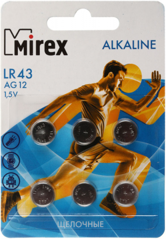 Батарейка щелочная дисковая Mirex Alkaline AG12, LR43, 1.5V, 6 шт.