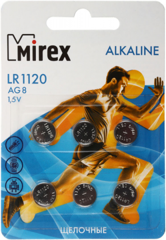 Батарейка щелочная дисковая Mirex Alkaline AG8, LR1120, 1.5V, 6 шт.