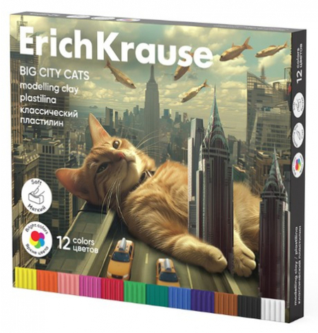Пластилин «Классический» ErichKrause, 12 цветов, 180 г, со стекой, Big City Cats Пластилин «Классический» ErichKrause, 12 цветов, 180 г, со стекой, Big City Cats