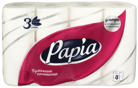 Полотенца бумажные Papia (в рулоне), 4 рулона, ширина 230 мм, белые Полотенца бумажные Papia (в рулоне), 4 рулона, ширина 230 мм, белые