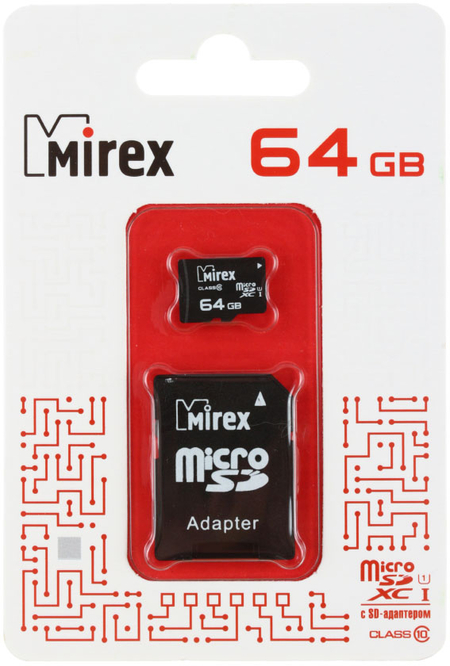 Карта памяти micro Mirex class 10, micro SDНС, class 10, 64 Gb + переходник на SD