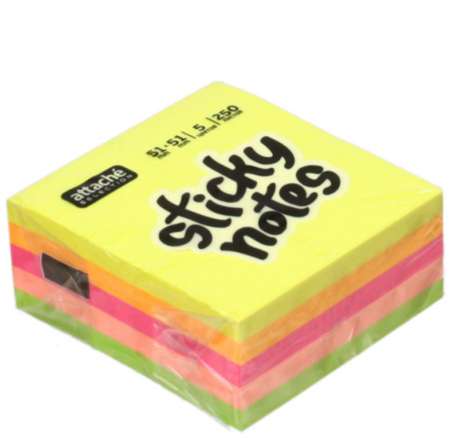 Бумага для заметок с липким краем Attache Selection, 51*51 мм, 1 блок*250 л., 5 цветов, неон
