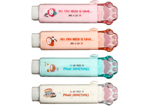 Ластик Meshu Cat Paw в пластиковом футляре, 93×28×17 мм, белый, цвет футляра - ассорти