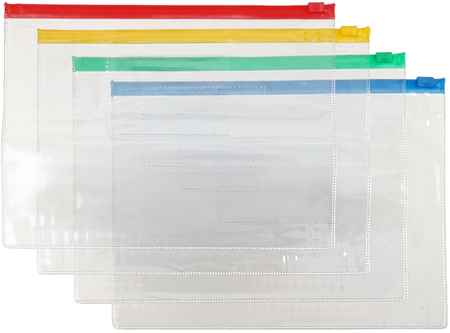 Папка-конверт пластиковая на молнии OfficeSpace А5, 240*180 мм/235*170 мм, толщина пластика 0,12 мм, прозрачная (цвет молнии - ассорти)