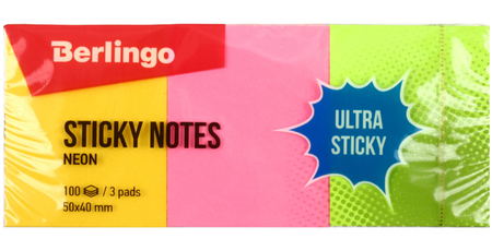 Бумага для заметок с липким краем Berlingo Ultra Sticky, 40*50 мм, 3 блока*100 л., 3 цвета, неон