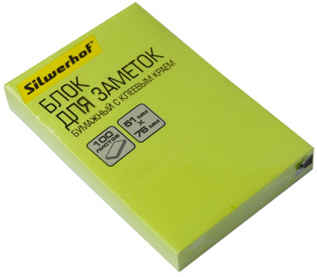 Бумага для заметок с липким краем Silwerhof, 51*76 мм, 1 блок*100 л., неон зеленая Бумага для заметок с липким краем Silwerhof, 51*76 мм, 1 блок*100 л., неон зеленая