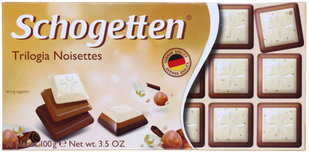 Шоколад Schogetten, 100 г, белый шоколад с грильяжем и лесными орехами, молочный шоколад с джандуей и лесными орехами и молочный шоколад