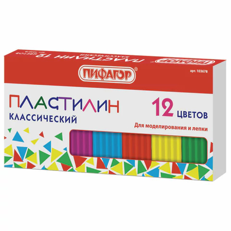 Пластилин классический «Пифагор», 12 цветов, 120 г, со стеком Пластилин классический «Пифагор», 12 цветов, 120 г, со стеком