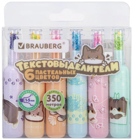 Набор маркеров-текстовыделителей Brauberg, 6 цветов, пастель, «Милые коты» Набор маркеров-текстовыделителей Brauberg, 6 цветов, пастель, «Милые коты»