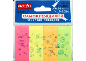 Закладки-разделители бумажные с липким краем Profit, 50×20 мм, 20 л.×4 цвета, неон