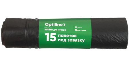 Пакеты для мусора Optiline (ПВД), 35 л, 15 шт., с завязками, черные