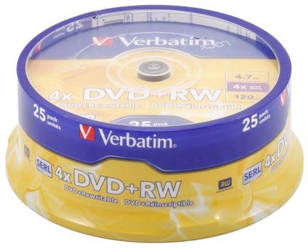 Компакт-диск DVD+RW Verbatim, 4x, 25 шт. в тубе