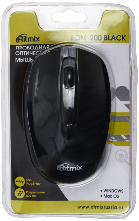 Мышь компьютерная Ritmix ROM-200, USB, проводная, черная Мышь компьютерная Ritmix ROM-200, USB, проводная, черная