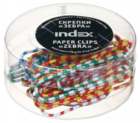 Скрепки цветные виниловые «Зебра» Index, 50 мм, 30 шт., округлые Скрепки цветные виниловые «Зебра» Index, 50 мм, 30 шт., округлые