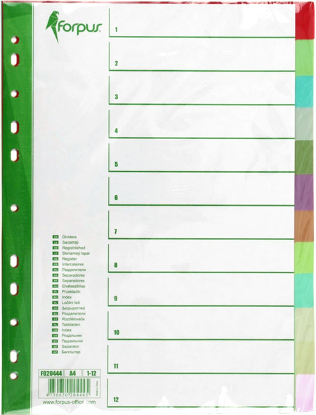 Разделители для папок-регистраторов пластиковые Forpus, 12 л., индексы по цифрам (1-12)