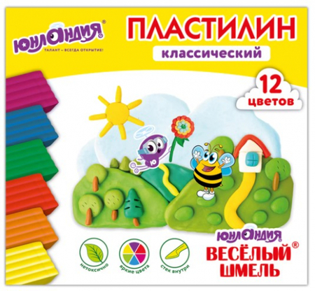 Пластилин «Юнландия», 12 цветов, 240 г, со стекой, «Веселый шмель»