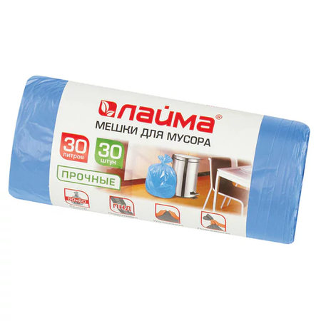 Пакеты для мусора Laima (ПНД), 30 л, 30 шт., прочные, синие Пакеты для мусора Laima (ПНД), 30 л, 30 шт., прочные, синие