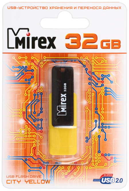 Флэш-накопитель Mirex City, 32Gb, корпус черный с желтым
