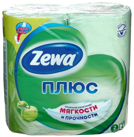 Бумага туалетная Zewa «Плюс», 4 рулона, ширина 90 мм, «Яблоко», зеленая