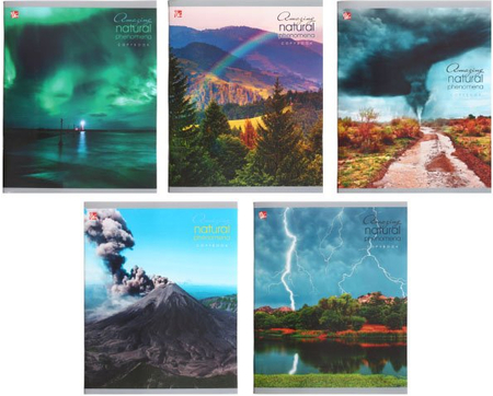 Тетрадь общая А5, 80 л. на скобе «Природные феномены», 160*200 мм, клетка, ассорти Тетрадь общая А5, 80 л. на скобе «Природные феномены», 160*200 мм, клетка, ассорти