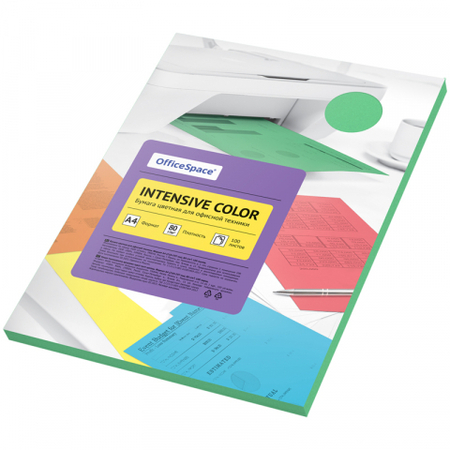 Бумага офисная цветная OfficeSpace Intensive Color, А4 (210*297 мм), 80 г/м2, 100 л., зеленая