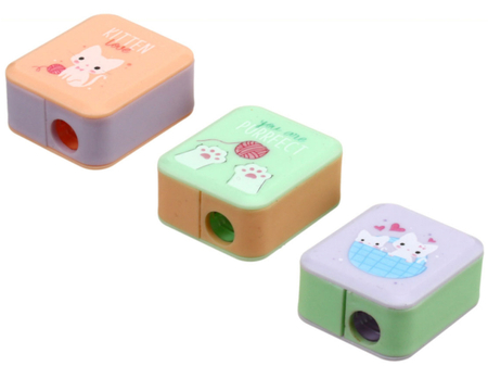 Точилка пластиковая Meshu White Kitty, 1 отверстие, с контейнером, ассорти Точилка пластиковая Meshu White Kitty, 1 отверстие, с контейнером, ассорти