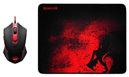 Мышь компьютерная с ковриком Redragon M601BA (78226), USB, проводная, черная с красным