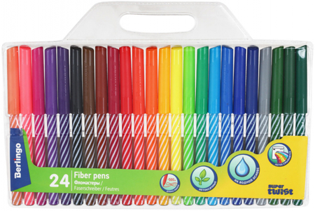 Фломастеры Berlingo SuperTwist смываемые, 24 цвета, толщина линии 1 мм, вентилируемый колпачок