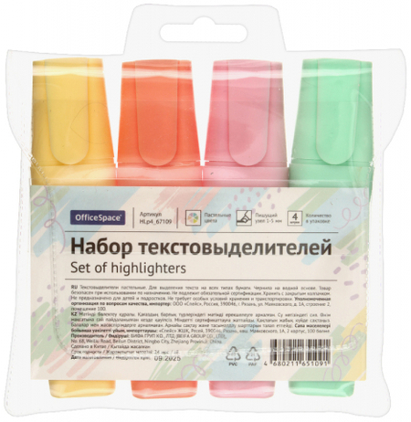 Набор маркеров-текстовыделителей OfficeSpace, 4 цвета, пастель