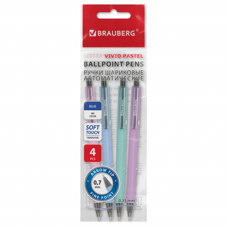 Набор ручек шариковых автоматических Brauberg Vivid Pastel, 4 шт., корпус ассорти, стержень синий Набор ручек шариковых автоматических Brauberg Vivid Pastel, 4 шт., корпус ассорти, стержень синий