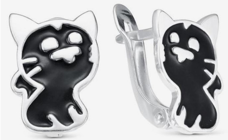 Серьги детские «Котёнок», посеребрение, цвет чёрный Серьги детские «Котёнок», посеребрение, цвет чёрный