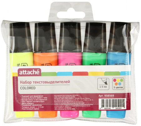 Набор маркеров-текстовыделителей Attache Colored, 5 цветов Набор маркеров-текстовыделителей Attache Colored, 5 цветов