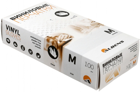 Перчатки виниловые неопудренные одноразовые Albens, размер M, 50 пар (100 шт.) Перчатки виниловые неопудренные одноразовые Albens, размер M, 50 пар (100 шт.)