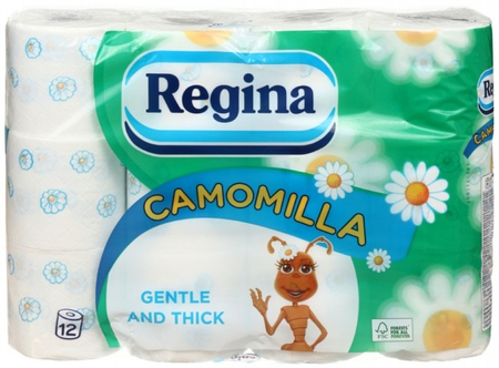 Бумага туалетная Regina Camomilla, 12 рулонов, ширина 100 мм, «Ромашка», белая с рисунком