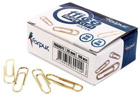Скрепки Forpus, 26 мм, 100 шт., оцинкованные, золотистые