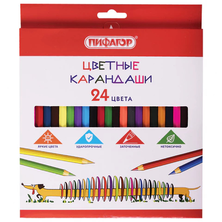 Карандаши цветные «Пифагор. Веселая такса», 24 цвета, длина 175 мм Карандаши цветные «Пифагор. Веселая такса», 24 цвета, длина 175 мм