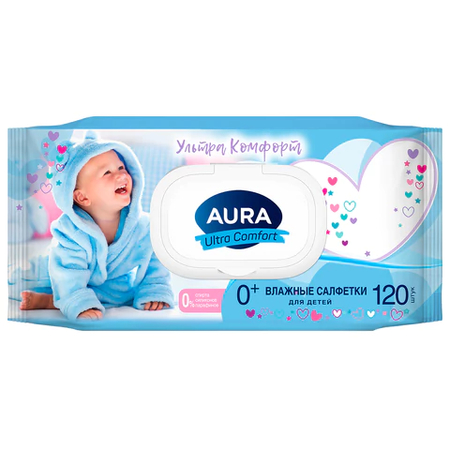 Салфетки влажные детские Aura Ultra Comfort, 120 шт., «Алоэ и витамин Е» Салфетки влажные детские Aura Ultra Comfort, 120 шт., «Алоэ и витамин Е»