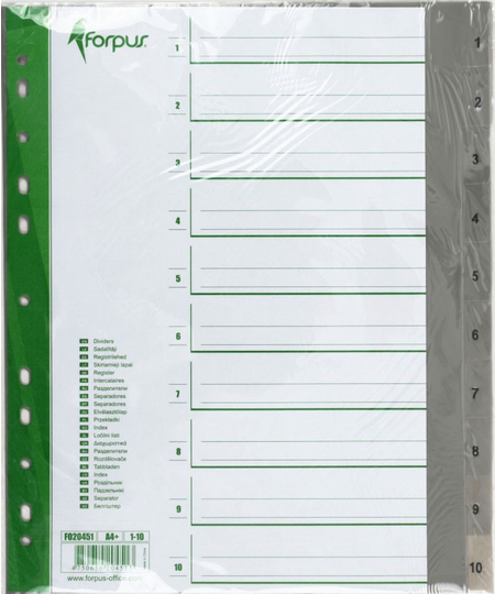 Разделители для папок-регистраторов пластиковые Forpus, 10 л., индексы по цифрам (1–10)