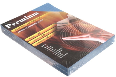 Обложки для переплета картонные Premium (А4), А4, 100 шт., 230 г/м2, синие, тиснение «под кожу»