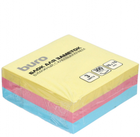 Бумага для заметок с липким краем Buro, 76*76 мм, 1 блок*300 л., 3 цвета, пастель