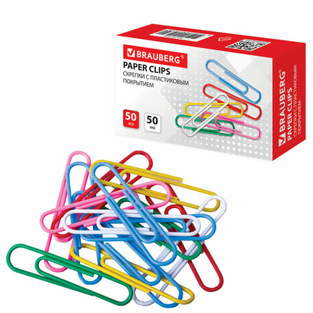 Скрепки цветные полимерные Brauberg Standard+, 50 мм, 50 шт, округлые
